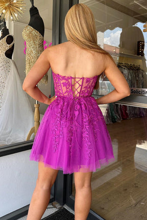 dressimeA-Line Strapless Tulle Short Homecoming Dresses with Appliques 