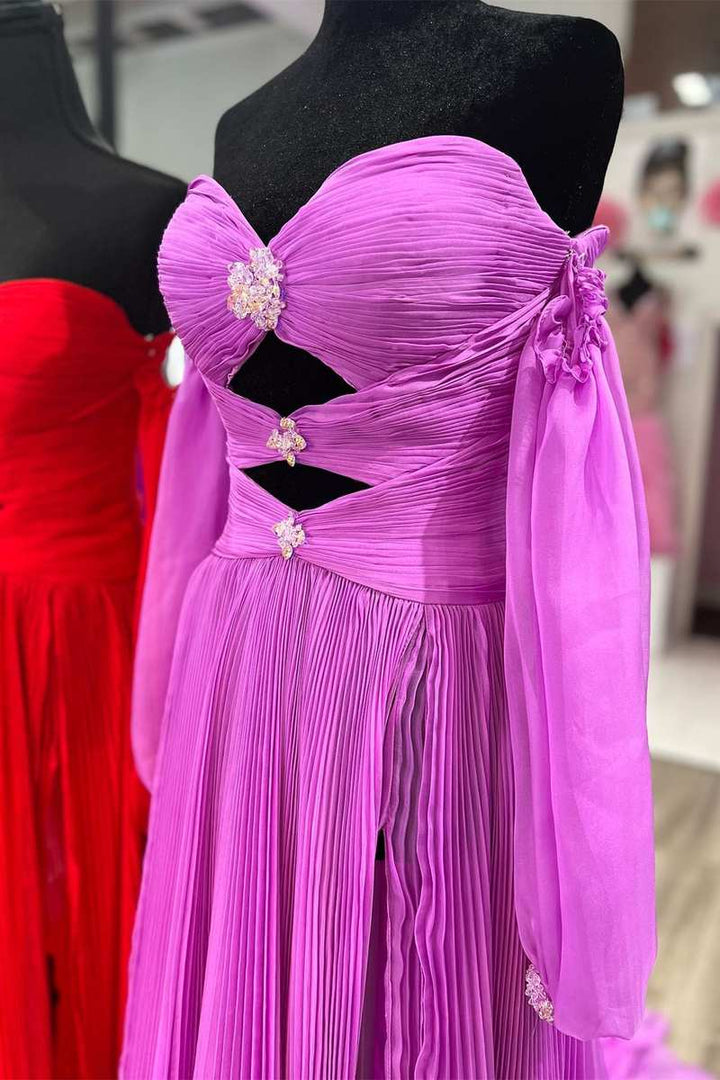 dressimeA Line Sweetheart Beades Chiffon Prom Dresses with Slit 