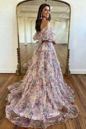dressimeA Line Sweetheart Ruffles Sweep Train Floral Printed Chiffon Prom Dresses 