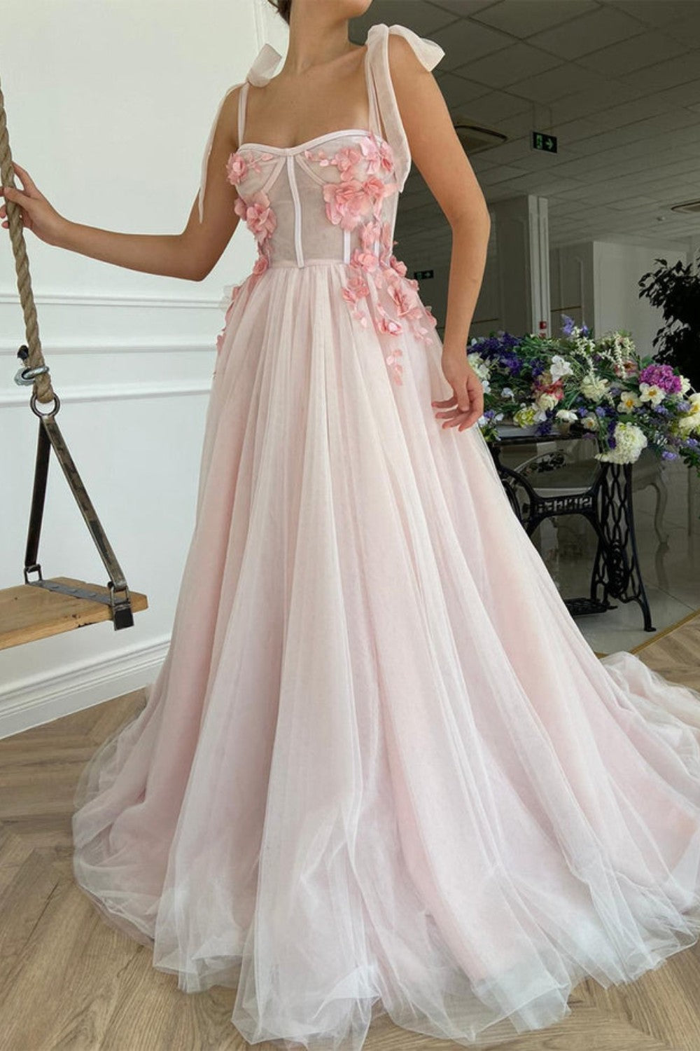 dressimeA-Line Sweetheart Tulle Applique Open Back Long with Flowers Prom Dresses 