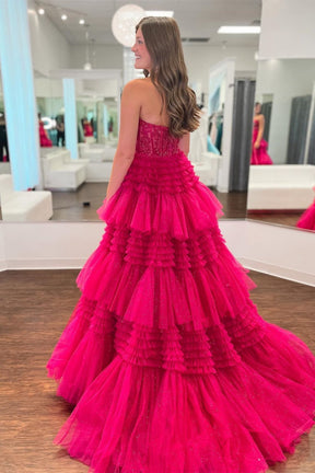 Dressime A Line Tiered Sweetheart Strapless Tulle Prom Dresses