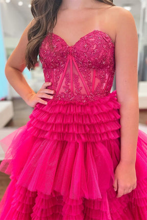 Dressime A Line Tiered Sweetheart Strapless Tulle Prom Dresses