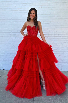 dressimeA Line Tiered Sweetheart Strapless Tulle Prom Dresses 