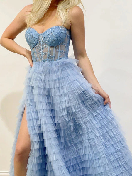 dressimeA Line Tulle Layers Spaghetti Straps Split Prom Dress With Appliques 