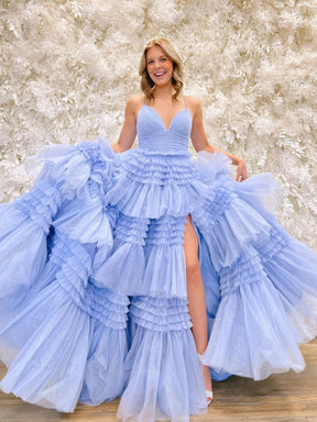 dressimeA Line Tulle Tiered Spaghetti Straps Prom Dresses Slit Evening Dresses 