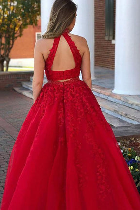 dressimeA Line Two Pieces High Neck Tulle Long Prom Dress With Beaded & Appliques 