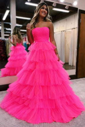 Dressime A-Line Strapless Tiered Tulle Long Prom Dresses