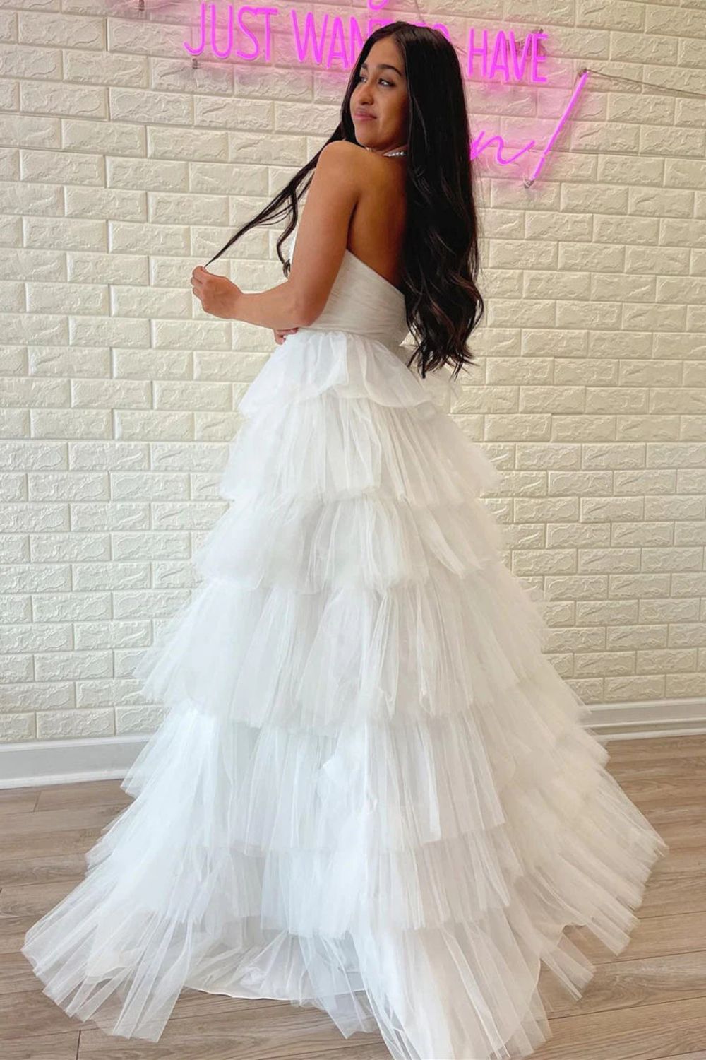 Dressime A-Line Strapless Tiered Tulle Long Prom Dresses