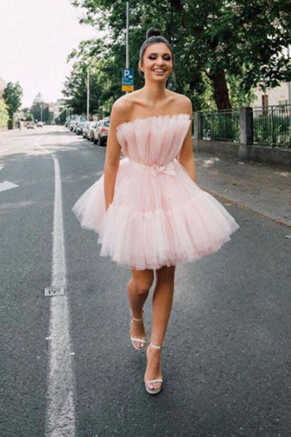 Dressime A Line Pink Tulle Above-Knee Homecoming Cocktail Dress With Bowknot