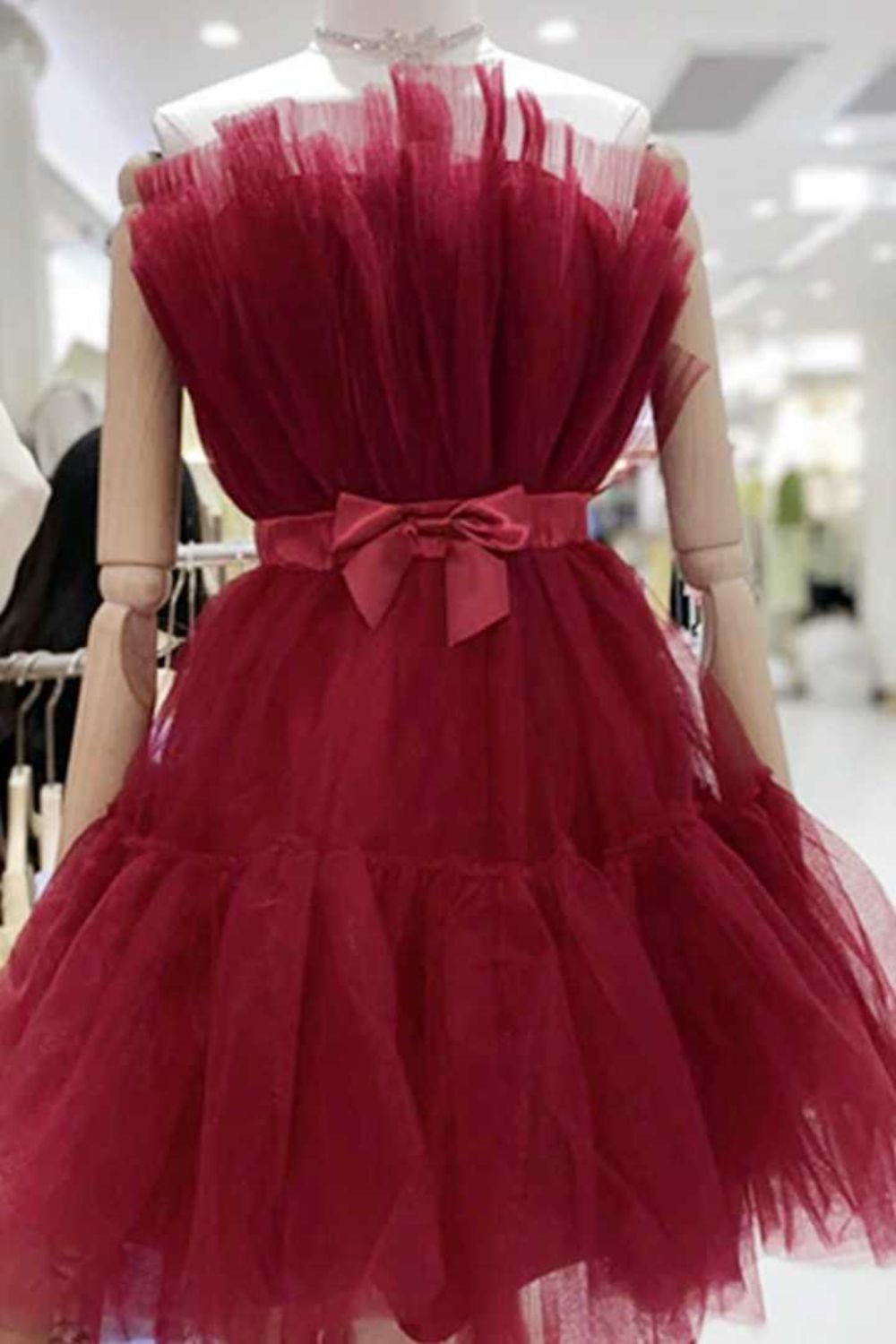 Dressime A Line Pink Tulle Above-Knee Homecoming Cocktail Dress With Bowknot