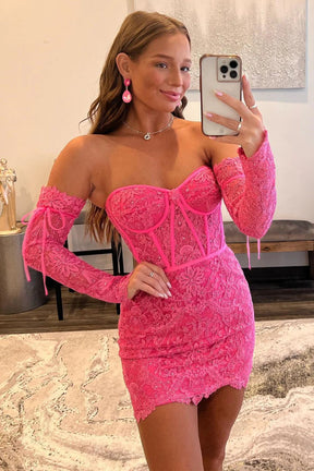 Dressime Bodycon Lace Strapless Pink Homecoming Dress Short Prom Dress Country Homecoming Gowns
