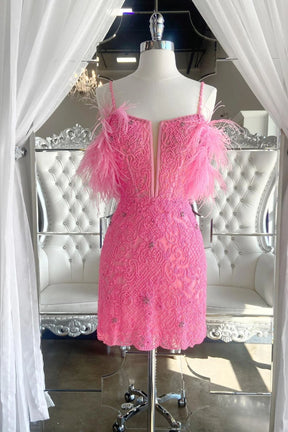 Dressime Charming Sheath Spaghetti Straps Pink Short Beaded Feather Homecoming Dresses