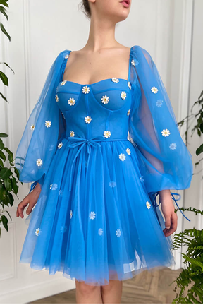 dressimeCute Ball Gown Puffy Sleeve Flowers Embroidery Tulle Short Sweetheart Homecoming Dresses 