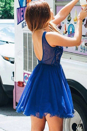 Dressime Cute A Line V Neck Chiffon Beads Royal Blue Short Homecoming Dresses with Appliques