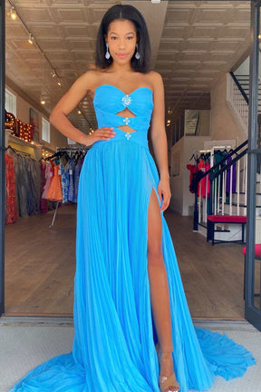 dressimeDressime A Line Strapless Beaded Cutout Slit Long Prom Dress with Balloon Sleeves 