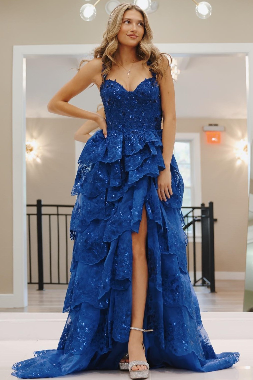 dressimeDressime A Line Straps Tulle Sequin Ruffle Tiered Long Prom Dress with Slit 