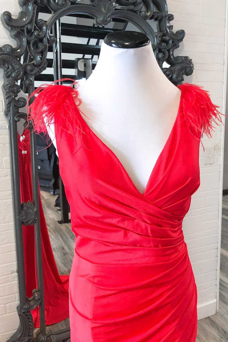 dressimeDressime Sheath Feather V-Neck Long Prom Dress with Slit 