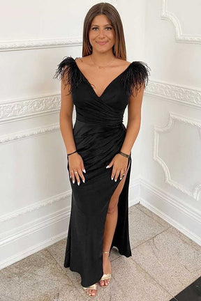 dressimeDressime Sheath Feather V-Neck Long Prom Dress with Slit 