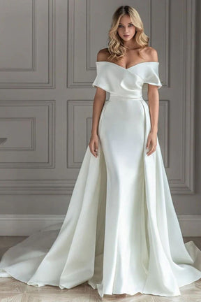 Dressime Mermaid Off Shoulder Satin Wedding Dresses With Detachable Train