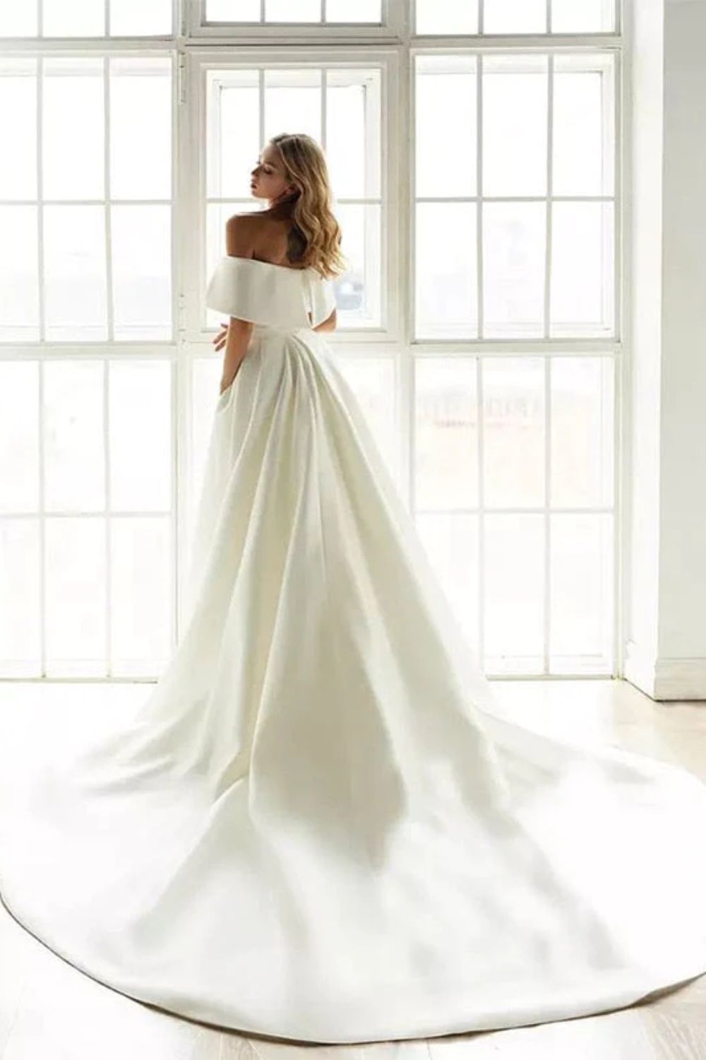 Dressime Mermaid Off Shoulder Satin Wedding Dresses With Detachable Train