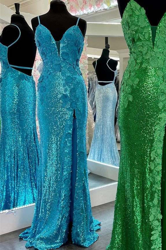 dressimeElegant Mermaid Spaghetti Straps Sequin Prom Dresses With Slit 