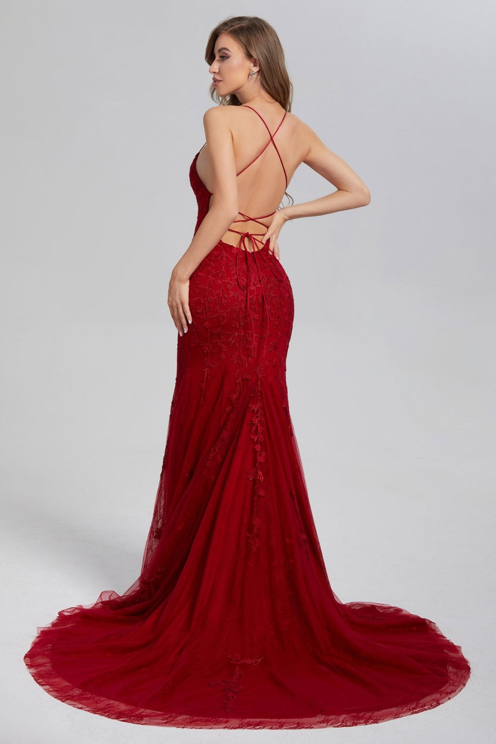 dressimeElegant Spaghetti Straps Mermaid Backless Prom Dresses 