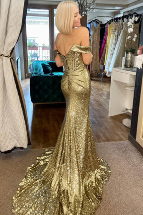 dressimeMermaid Off the Shoulder Sequins Long Prom Dress with Slit 