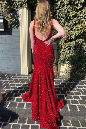 dressimeMermaid Sequin V Neck Open Back Long Prom Dresses 