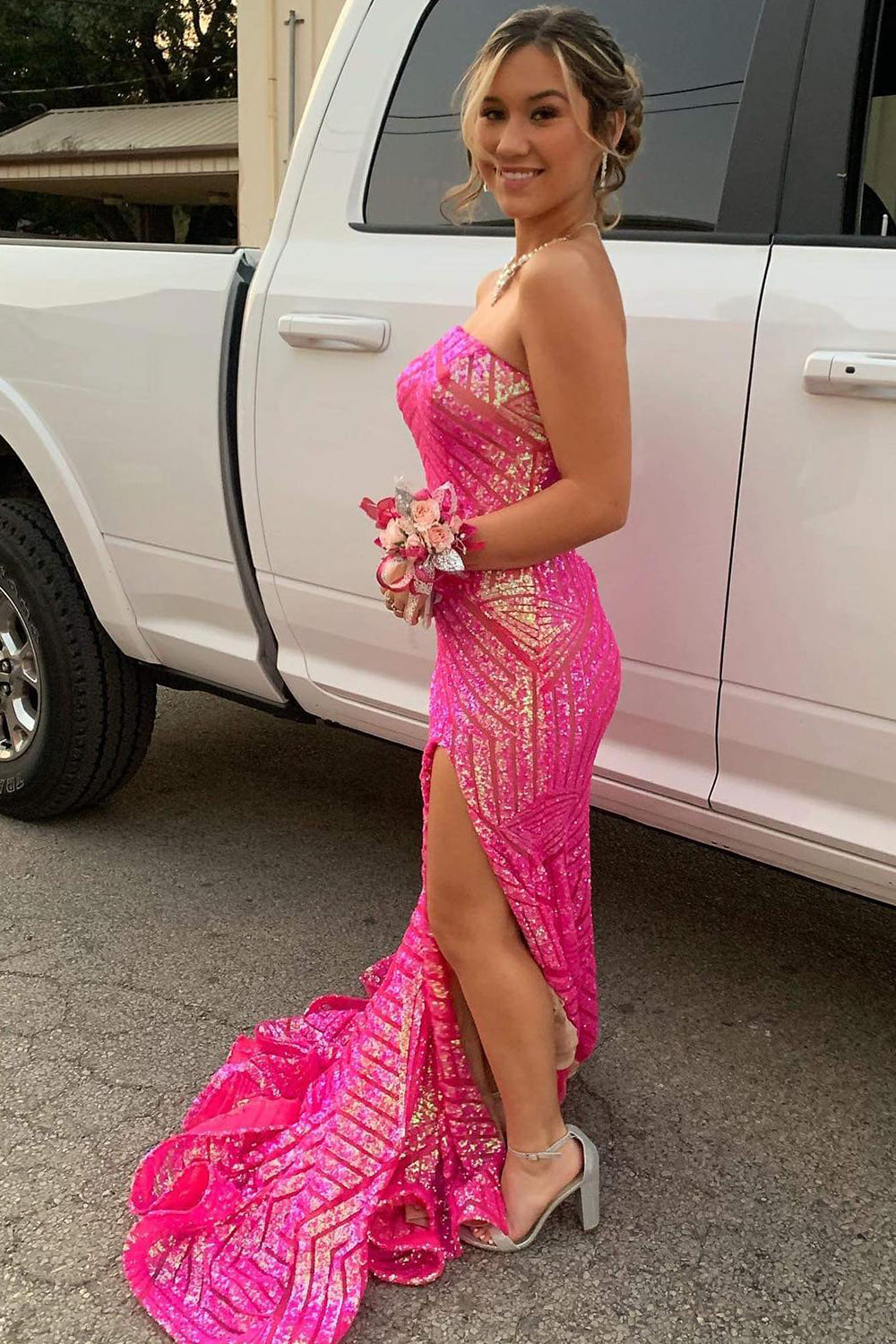 dressimeMermaid Sequins Strapless Long Prom Dresses With Slit 