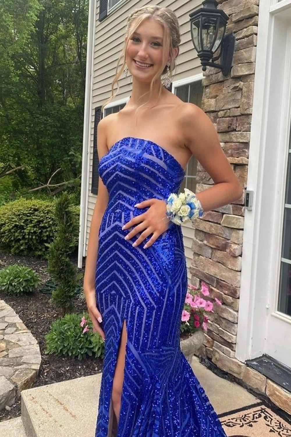 dressimeMermaid Sequins Strapless Long Prom Dresses With Slit 