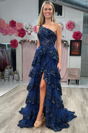 dressimeNew Style One Shoulder A Line Tulle Sequin-Embroidery Tiered Prom Dresses with Slit 
