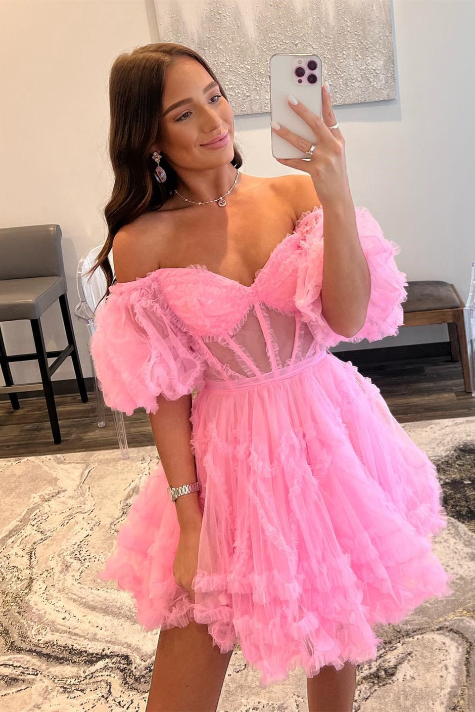 dressimeOff The Shoulder A Line Homecoming Dresses Tulle With Ruffles 