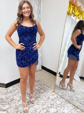 dressimePlus Size Bodycon Sequins Spaghetti Straps Short Prom Homecoming Dresses with Fringes 