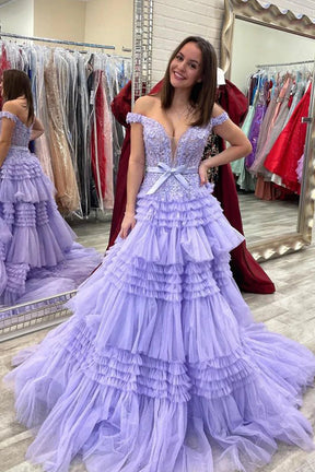 dressimePrincess A Line Off the Shoulder Long Prom Dresses with Ruffles 