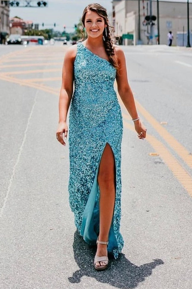 dressimeSequin Prom Dresses Sheath/Mermaid One Shoulder Floor Length With Slit 