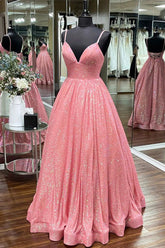 dressimeSequins Spaghetti Straps A-Line Long Prom Dresses 