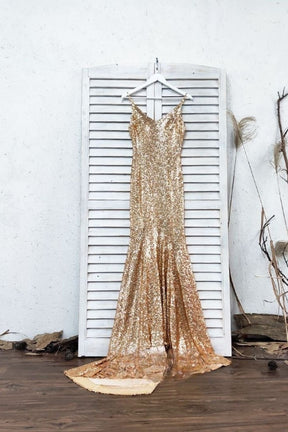 Dressime Sexy Champagne Gold Mermaid Spaghetti Straps Prom Dresses Side Slit Backless Formal Dresses