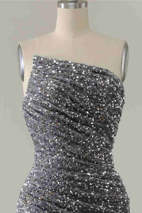 Dressime Sexy Silver Mermaid Strapless Split Prom Dress With Detachable Sleeves