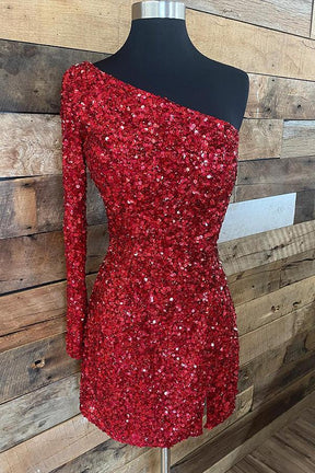 dressimeShiny One Shoulder Sequin Homecoming Dresses With Long Sleeve 