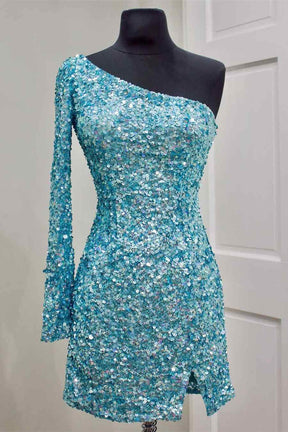 dressimeShiny One Shoulder Sequin Homecoming Dresses With Long Sleeve 