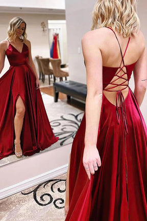 dressimeSimple A Line Satin Spaghetti Straps Long Prom Dresses with Slit 