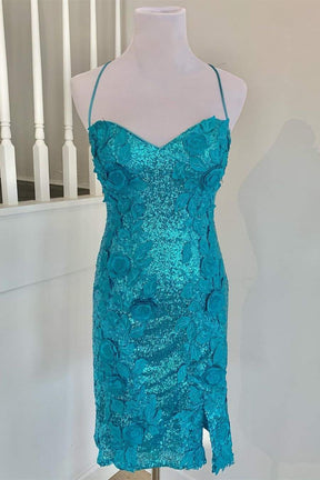 dressimeSpaghetti Straps Homecoming Dresses Sheath Sequins With Applique Flower Short/Mini 