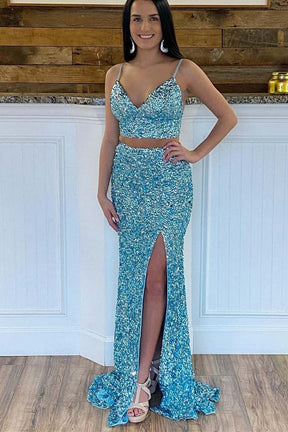 dressimeTwo Piece Spaghetti Straps Sequins Mermaid Prom Dresses with Slit 