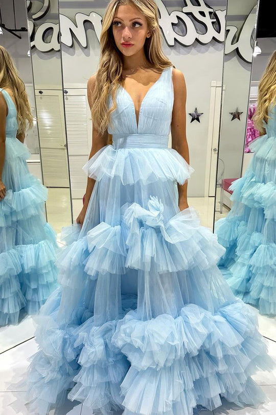 Dressime A Line V Neck Tulle Tiered Ruffle Long Prom Dress