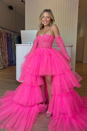 Dressime Charming A-line Sweetheart Tulle High Low Appliques Tiered Prom Dresses