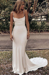 Dressime Boho Romantic Spaghetti Straps Backless Ivory Satin Beach Wedding Dress Sweep Train