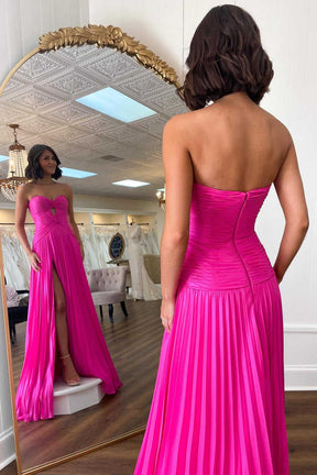 Dressime A Line Sweetheart Keyhole Pleated Slit Long Prom Dress