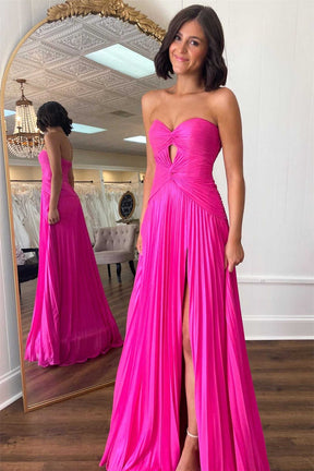 Dressime A Line Sweetheart Keyhole Pleated Slit Long Prom Dress