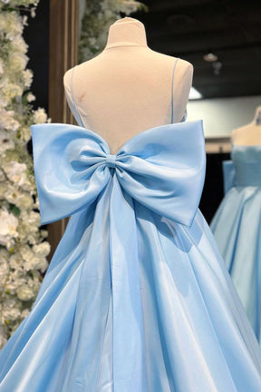 Dressime A Line Spaghetti Straps Satin Blue Long Prom Dress With Bow