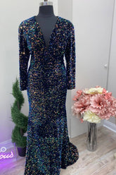 Dressime Plus Size Mermaid V Neck Velvet Sequin Long Sleeves Prom Dress